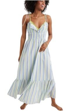 Aerie White Purple Striped Tie Sleeve Button Maxi Dress 100% Gauzy Cotton Medium
